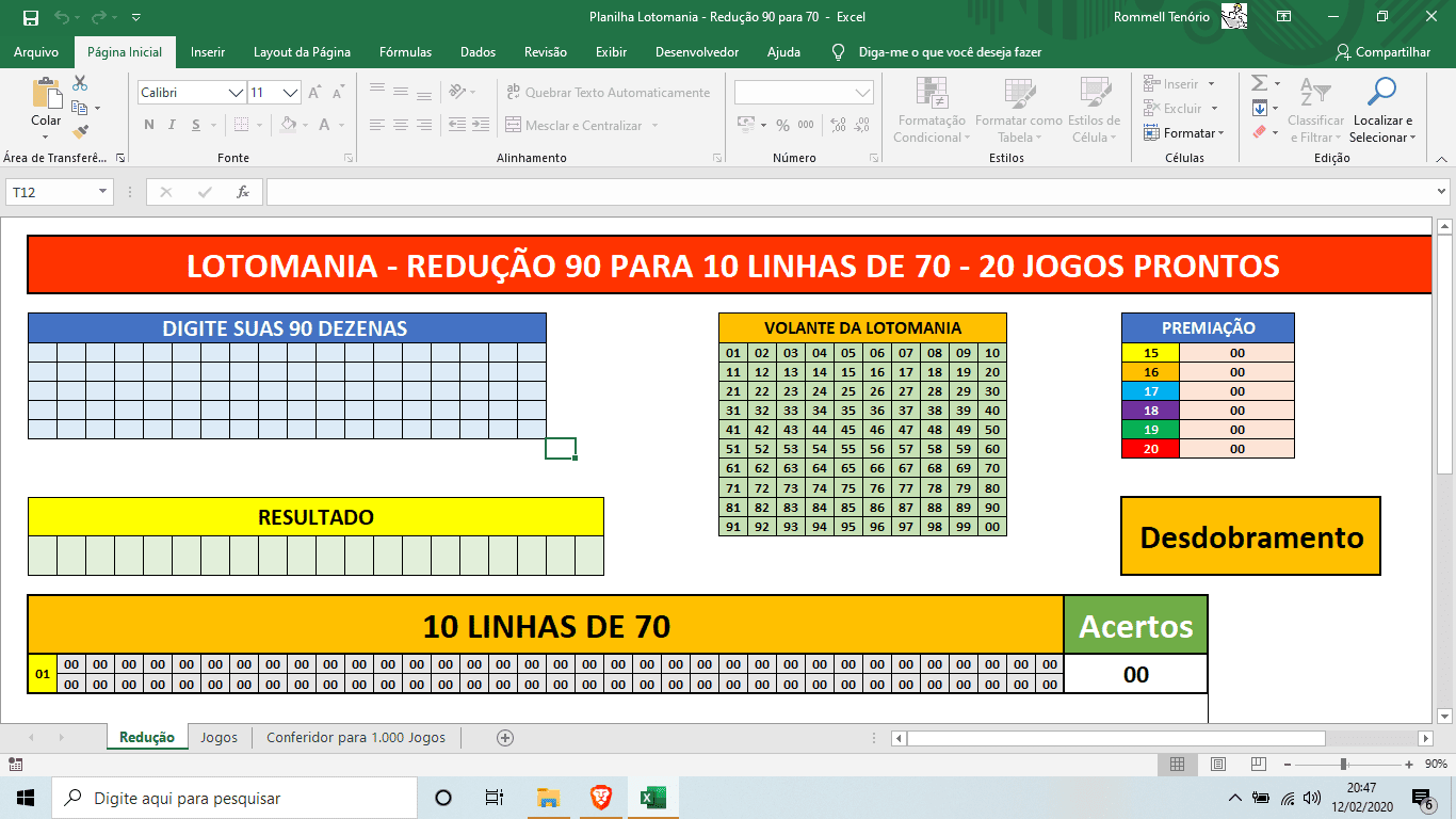 Planilha da Lotomania - Redução 90 para 70 - Jogos Prontos